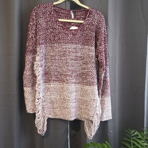 Love By Design Ombre Fringe Crewneck Sweater - Burgundy & Cream